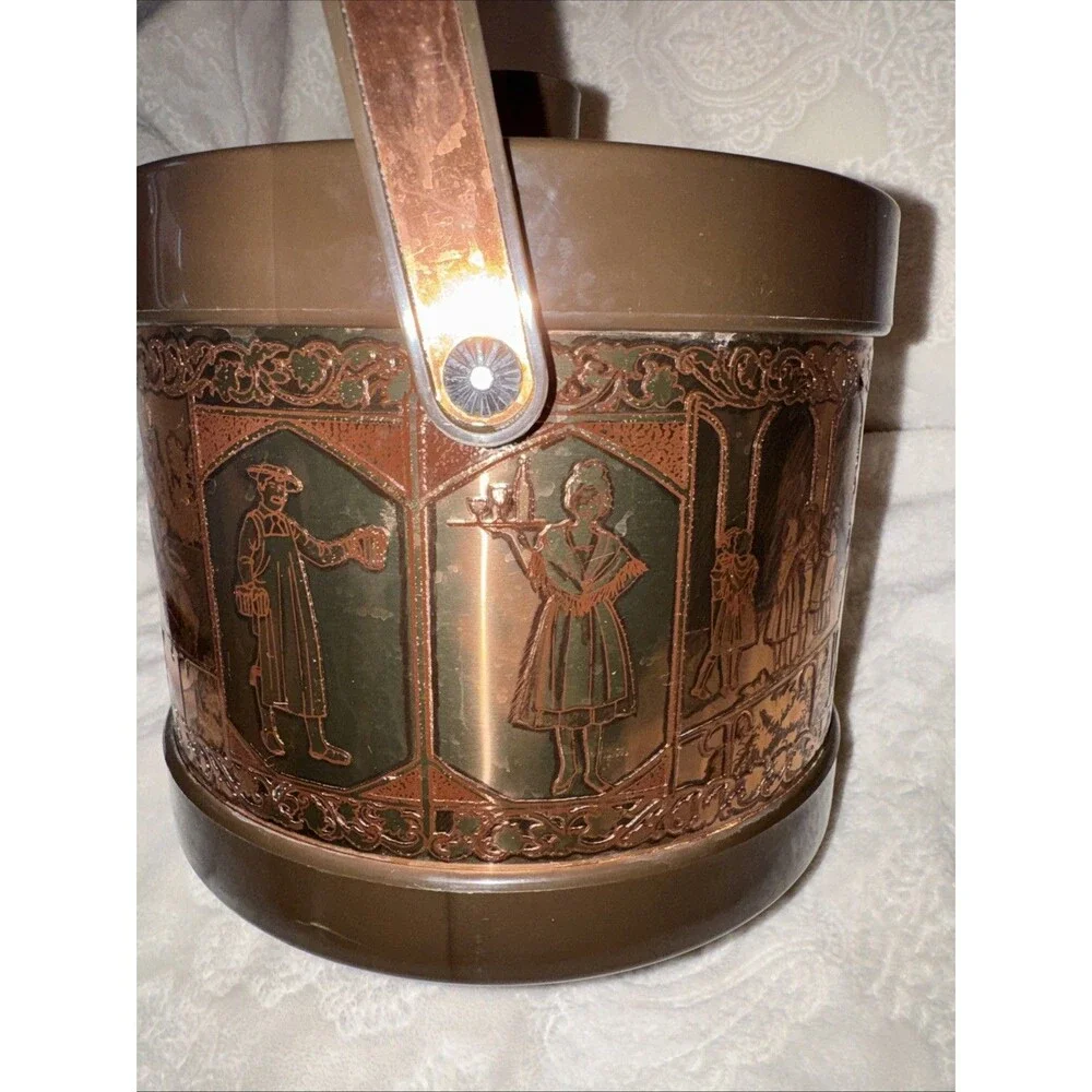 Vtg ATAPCO COPPER Brown ICE BUCKET With Lid German Scene 8” *flaw On Lid